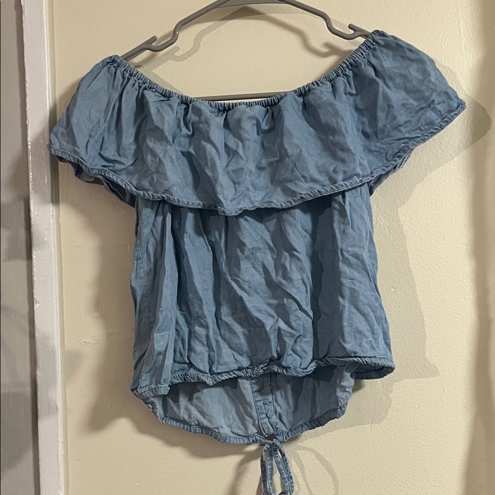 Light Blue Ruffled Button-Up Blouse - Picture 6 of 6